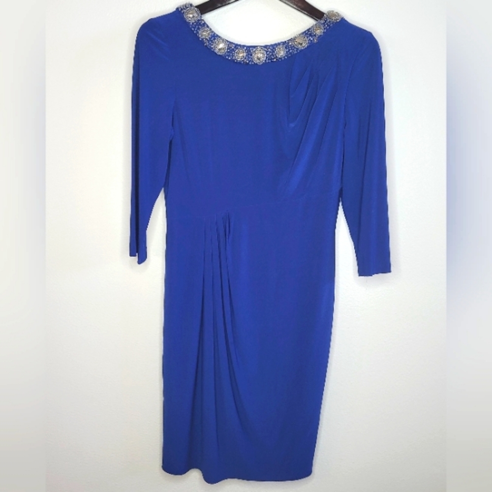 Alex Evenings Beaded Neck Blue 3/4 Sleeve Side Shirred Dress Size 6